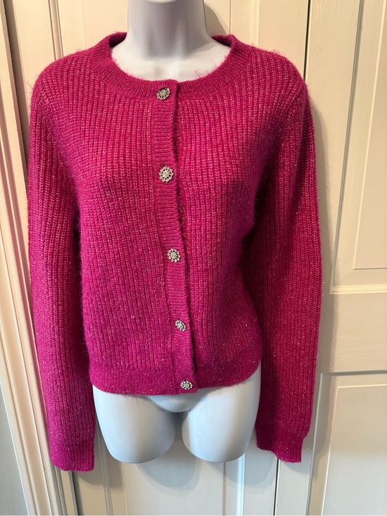 ON 34th Sweaters - Fuchsia Ribbed Crewneck Button-Front Cardigan Sweater